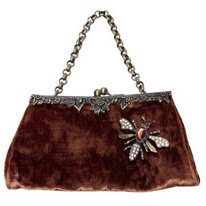 GUESS Velvet Evening Bag Jeweled Bee Accent Brown Kiss Lock Chain Link Clutch